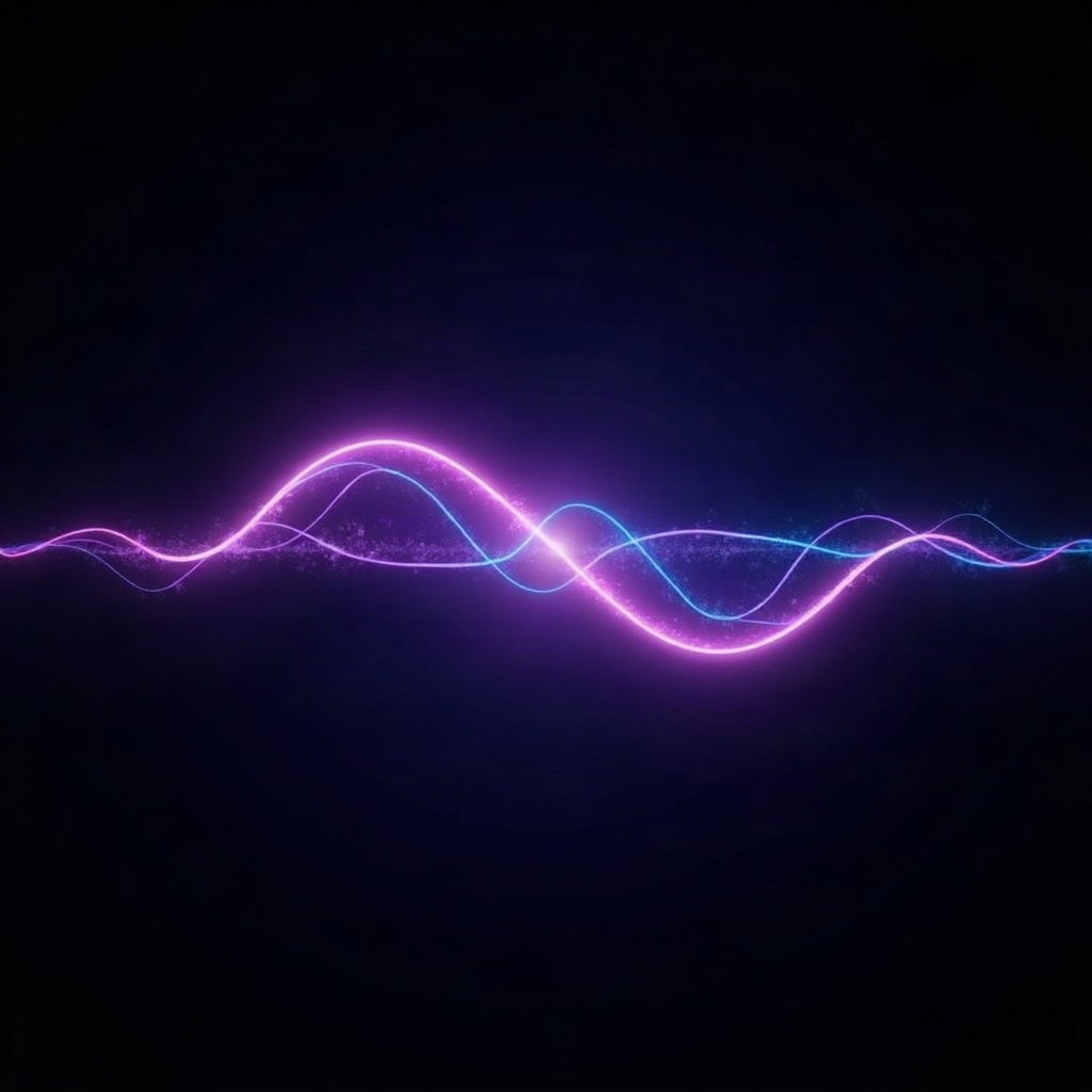 Two glowing neon sound waves merging into one brainwave pattern