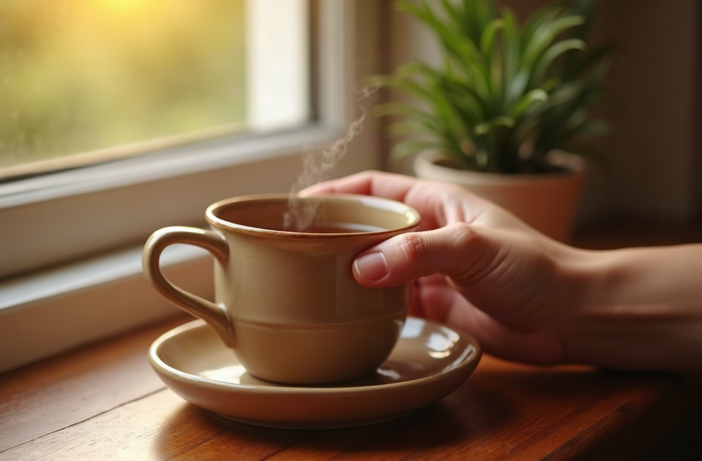 Hands wrapped around a warm cup of tea as a cigarette-free replacement for the hand-mouth smoking ritual