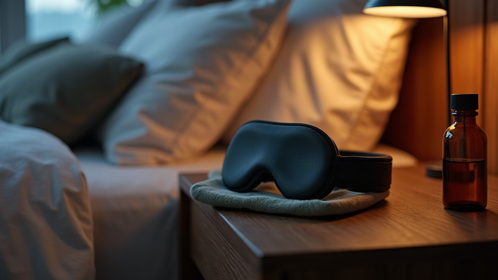 Minimalist nightstand at dusk with a folded eye mask and amber glass bottle beside a bed — sleep hypnosis audio setup