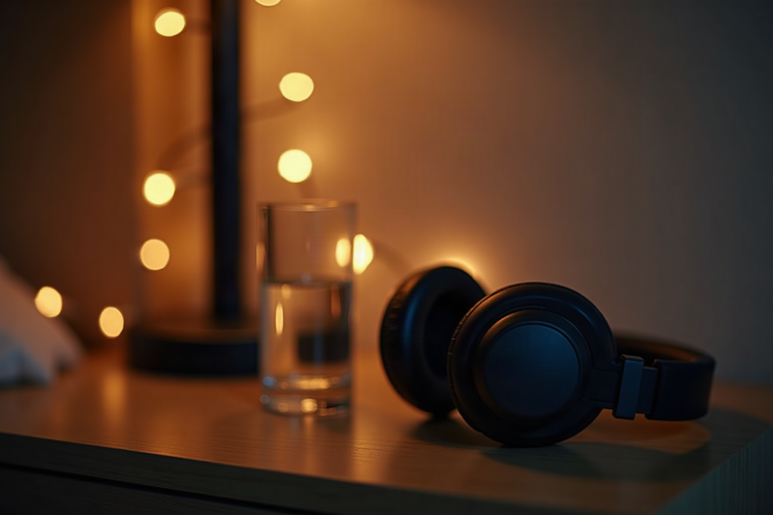 Over-ear headphones on a wooden bedside table in warm dim lamplight with soft bokeh
