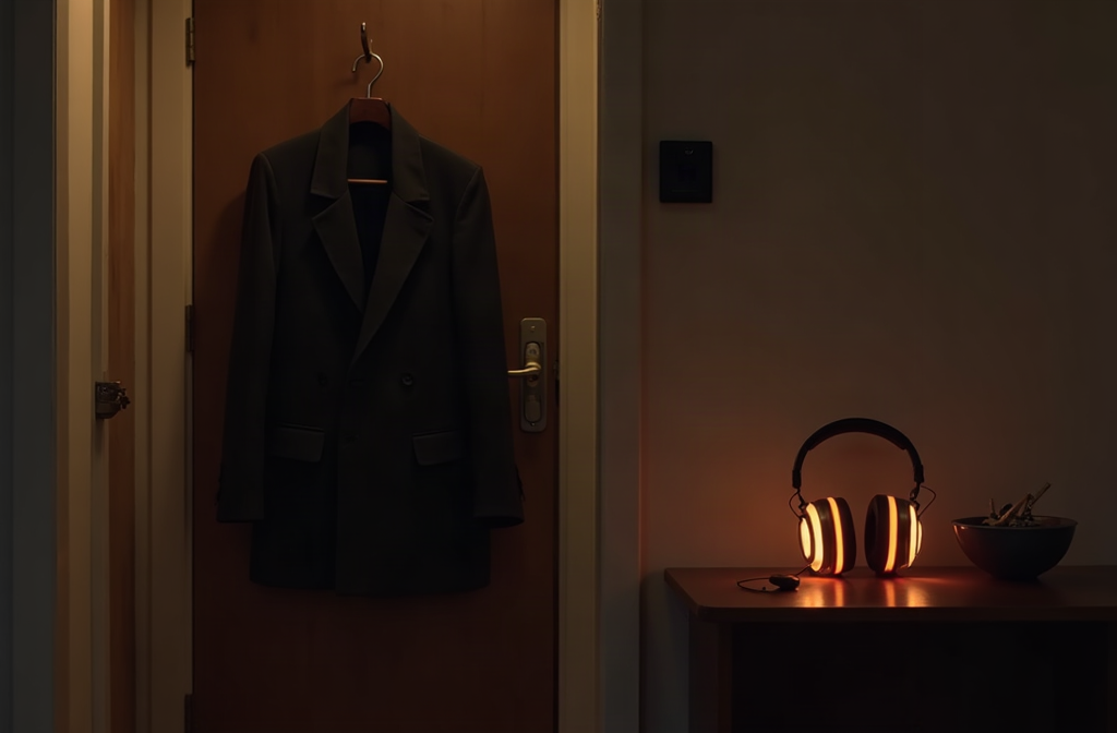 Quiet apartment entryway at dusk: coat on a hook, keys in a bowl, glowing headphones by the closed door
